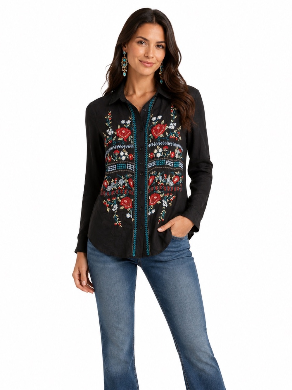 Kyla Seo Boho Floral Embroidered Tunic Shirt